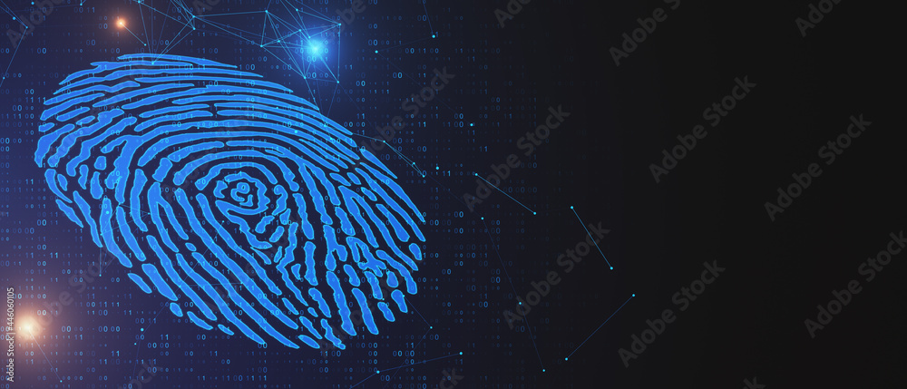Poster Abstract glowing blue fingerprint on dark background with mock up place. Biometrics and id concept. 3D Rendering.