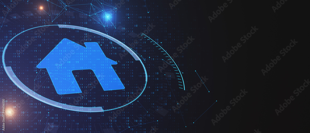 Poster creative glowing house icon on blue background with mock up place. smart home and innovation concept