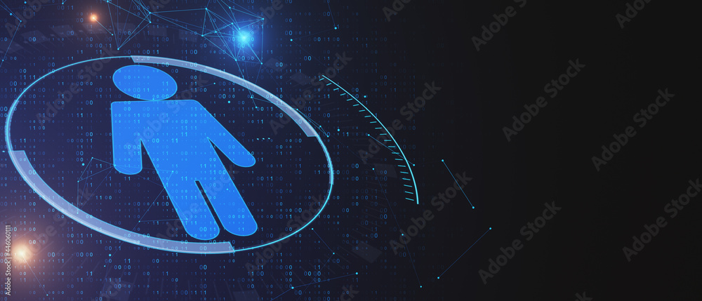 Poster abstract person icon on dark blue background with mock up place. people search and hiring concept 3d