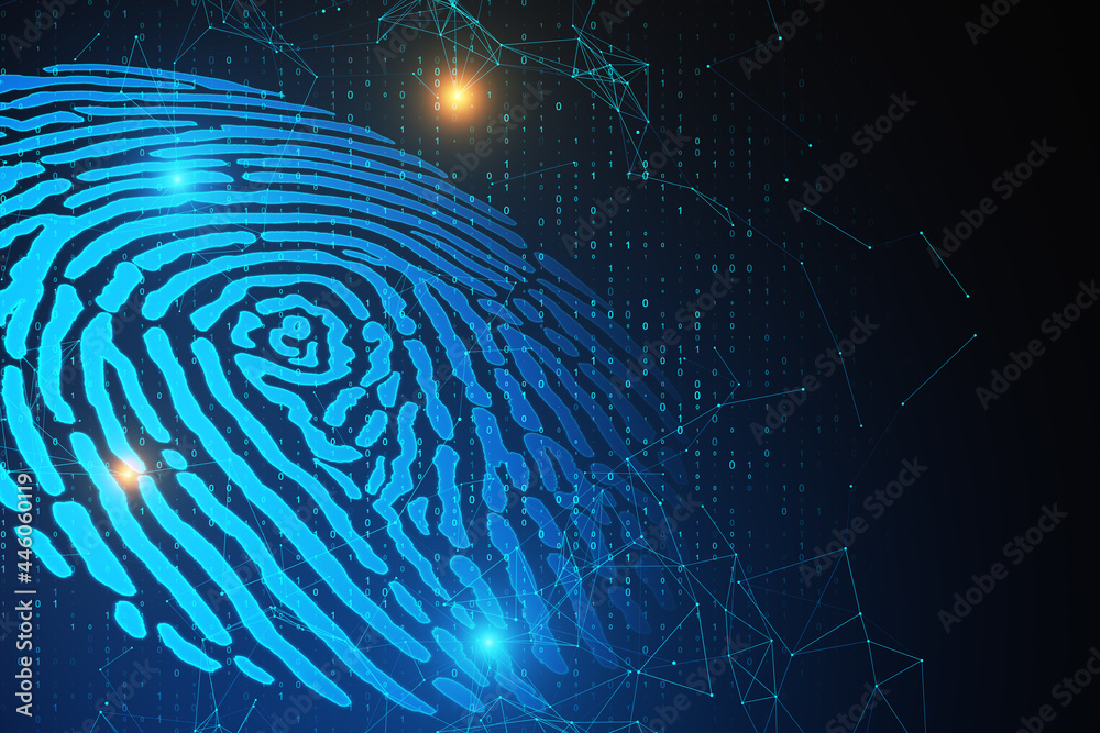 Poster Abstract glowing blue fingerprint on dark background. Biometrics and id concept. 3D Rendering.