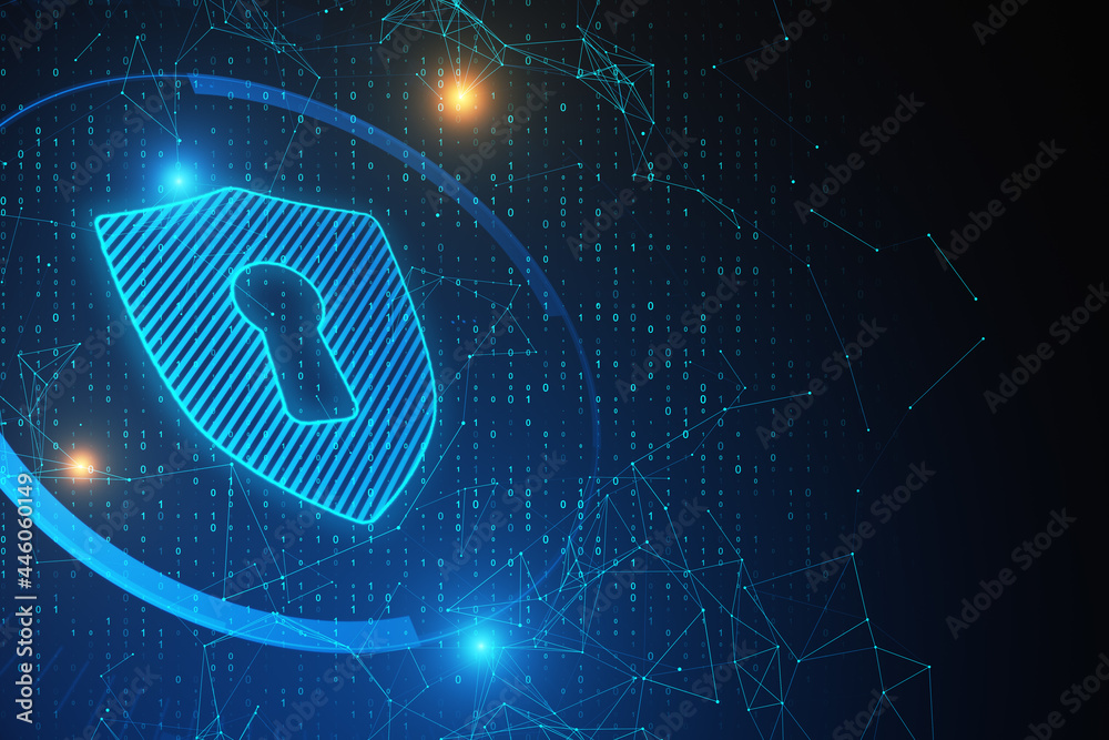Aufkleber Creative glowing shield interface on dark blue background with binary code and mock up place. Antivirus and protection concept. 3D Rendering.