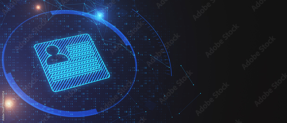 Poster Panoramic glowing personal information card on dark blue background with binary code and mock up place. Digital id and access concept. 3D Rendering.