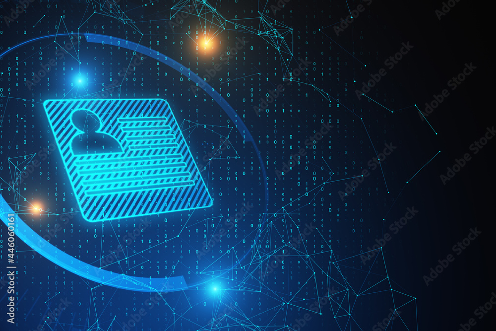 Poster Creative glowing personal information card on dark blue background with binary code and mock up place. Digital id and access concept. 3D Rendering.