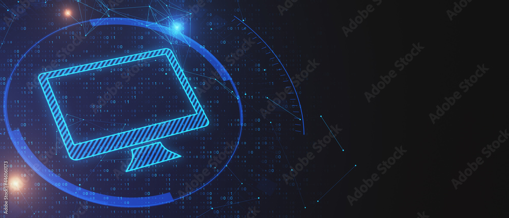 Poster Panoramic glowing computer monitor icon on dark blue background with binary code and mock up place. Digital transformation concept. 3D Rendering.