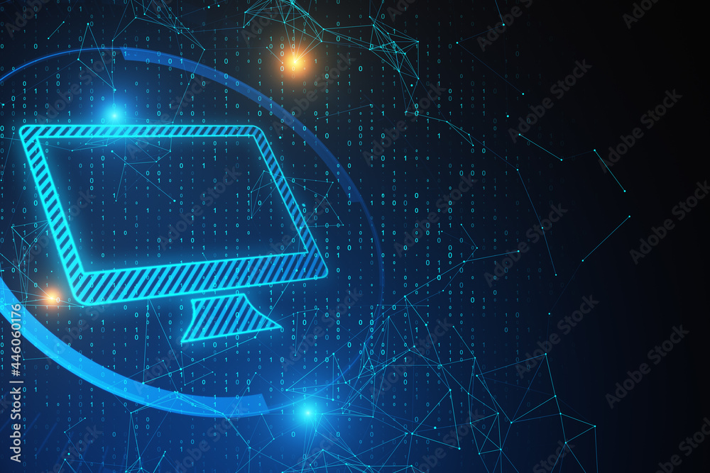Aufkleber Creative glowing computer monitor icon on dark blue background with binary code and mock up place. Digital transformation concept. 3D Rendering.