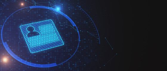 Panoramic glowing personal information card on dark blue background with binary code and mock up place. Digital id and access concept. 3D Rendering.