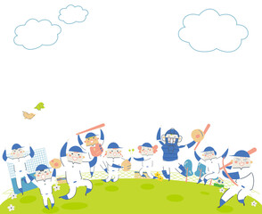 Fototapeta premium グランドでジャンプする少年野球の選手たち イラスト素材 