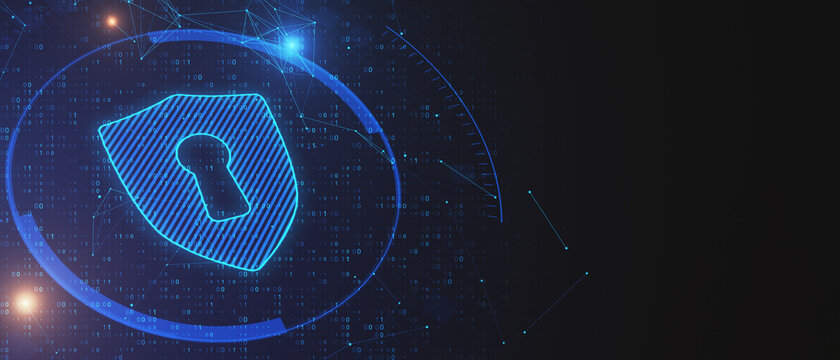 Panoramic glowing shield interface on dark blue background with binary code and mock up place. Antivirus and protection concept. 3D Rendering.