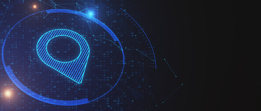 Creative glowing map pin icon on dark blue background with binary code and mock up place. Location and gps concept. 3D Rendering.