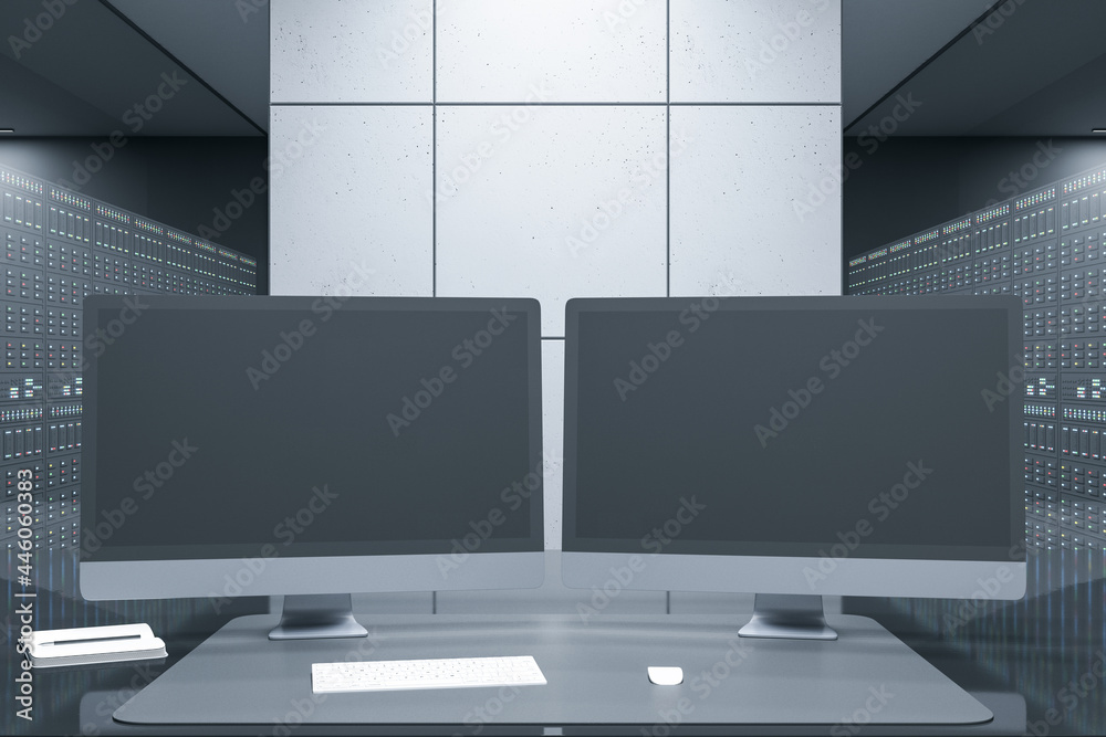 Poster Close up of desktop with empty computer monitors in futuristic server room office interior. Big data and storage concept. Mock up, 3D Rendering.