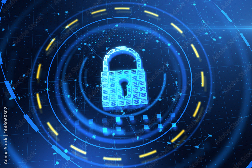 Poster creative lock hologram on dark blue background. safety and web concept. 3d rendering.