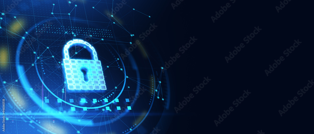 Poster Blank abstract technological background with copyspace and glowing lock symbol in illuminated rings. 3D rendering, mock up