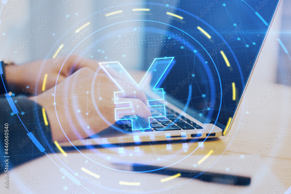 Poster close up of hands at desktop using laptop with glowing yen hologram. currency and finance concept. d