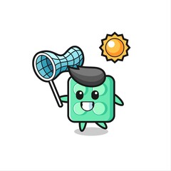 brick toy mascot illustration is catching butterfly