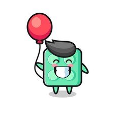 brick toy mascot illustration is playing balloon