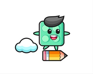 brick toy mascot illustration riding on a giant pencil