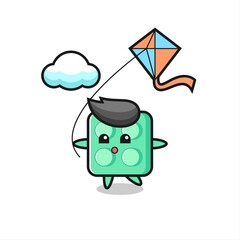 brick toy mascot illustration is playing kite