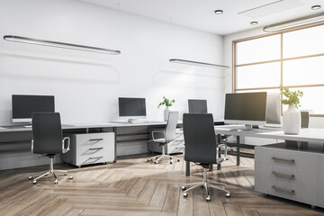 Concrete office interior with panoramic window and bright daytime city view, furniture and equipment. 3D Rendering.