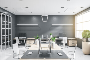 Fototapeta na wymiar Grey office interior with panoramic window and bright daytime city view, furniture and equipment. 3D Rendering.