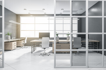 Fototapeta na wymiar Modern office interior with panoramic window and bright daytime city view, furniture and equipment. 3D Rendering.