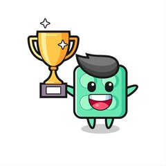 Cartoon Illustration of brick toy is happy holding up the golden trophy