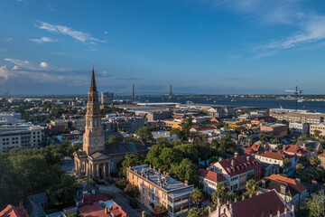 Fototapeta na wymiar Aerial view of Church street Charleston, South Carolina port city, Saint Philip's church oldest congregation in town historic landmark