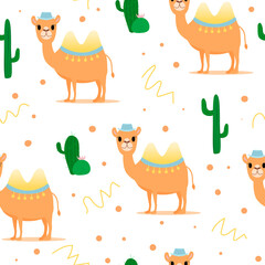 Camels with cactus seamless pattern. Good for fabric, textile. Vector