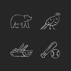 Taiwan national chalk white icons set on dark background. Formosan black bear. Mikado pheasant gamebird. Traditional thai cuisine. Baseball league. Isolated vector chalkboard illustrations on black