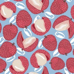 Vector seamless pattern ripe juicy lychee fruits. Exotic fruit, Chinese plum on a gentle blue background. Design for printing on textiles, packaging, paper.