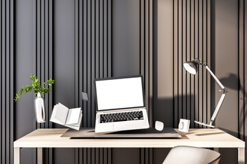 Fototapeta premium Modern hipster office interior with empty white laptop screen and other objects flying above desktop. Mock up, 3D Rendering.
