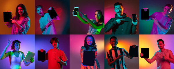 Group of young people, men and women with digital tablets isolated on multicolored background in neon ligh. Collage.