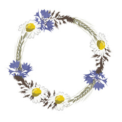 A colored wreath of ears,daisies,cornflowers and bluegrass.