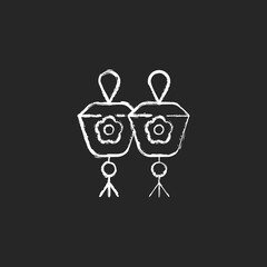 Mini sky lanterns chalk white icon on dark background.Taiwanese floating paper lanterns. Asian holiday celebration. Prayers holy lights. Isolated vector chalkboard illustration on black