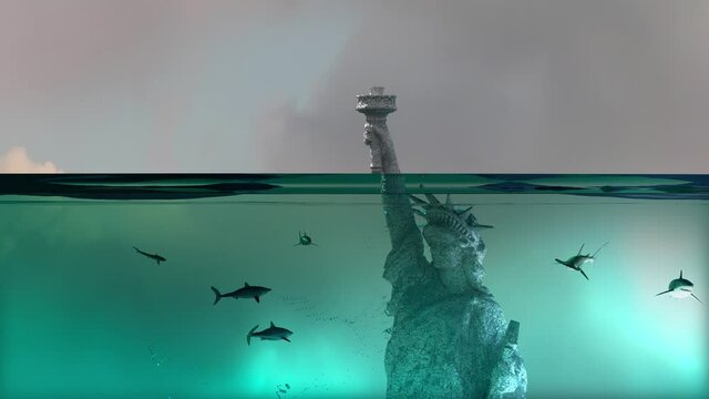 statue of Liberty under water, America flooded New York render 3d