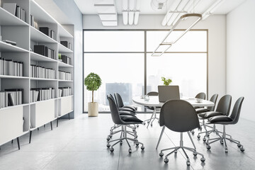 Contemporary meeting room interior with furniture, bookcase and city view. Corporate workplace concept. 3D Rendering.