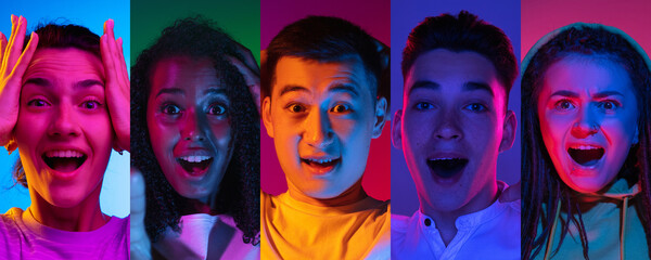 Close-up portraits of group of people on multicolored background in neon light, collage.