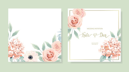 Frame border background. Floral wedding cards set with hortensia, rose, anemone and eucalyptus branch. Vector illustration.