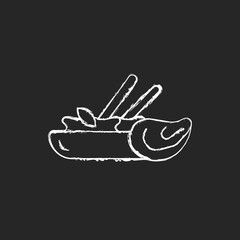 Oyster omelette chalk white icon on dark background. Taiwanese night market favourite. Asian cuisine restaurant dish. Thai street food. Isolated vector chalkboard illustration on black