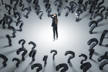 Making decision and finding solution concept with pensive businesswoman on light floor surrounded...