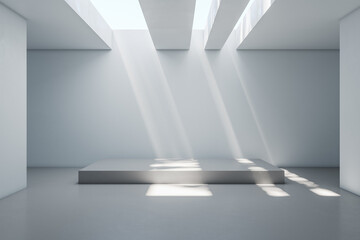 Obraz premium Modern concrete exhibition room interior with podium and empty mockup place. Mock up, 3D Rendering.