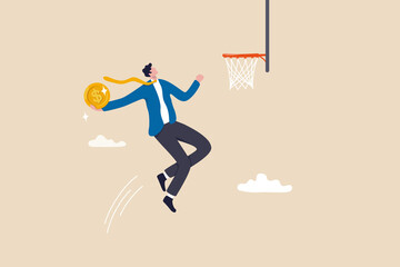 Fototapeta na wymiar Financial achievement, aiming for savings or investment target, ambition for career development to increase income concept, skillful businessman jumping holding money coin to slam dunk basketball hoop