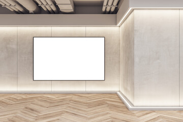 Modern exhibition space concrete interior with blank banner frame on wall and wooden flooring. Mock up, 3D Rendering.