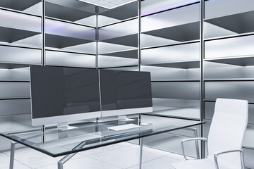 Abstract futuristic office interior with two blank black computer screens on desk and silver bookcases. Mock up, 3D Rendering.