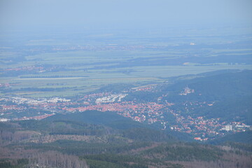 View from the Brocken mountain peak to the city of Wernigerode and the surrounding area; Germany; Harz mountians
