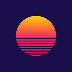 Sunset. Retro sun of 80s or 90s. Background for cyberpunk, disco of 80 s and sunrise in miami. Neon gradient graphic for summer logo. Futuristic icon for flyer, design, music and shirt. Vector - obrazy, fototapety, plakaty