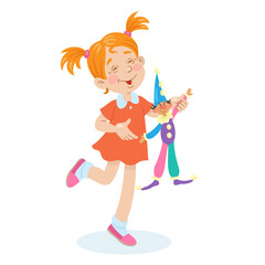 Funny little girl jumping on one leg with a toy clown. In cartoon style. Isolated on white background. Vector flat illustration.