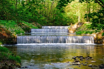 Cascade of three weirs on the river Juhyne. East Moravia. Europe. 