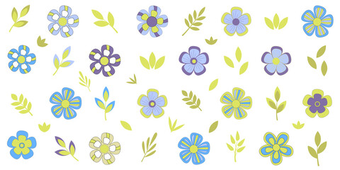 Colorful flowers and leaves flat set. Vector on white background.