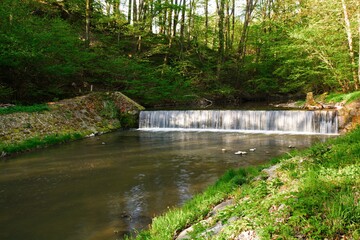 Weir at the beginning of the mill drive on the river Juhyne. East Moravia. Europe. 