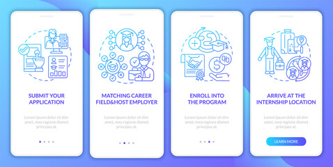 Internship overseas procedure onboarding mobile app page screen. Select career field walkthrough 4 steps graphic instructions with concepts. UI, UX, GUI vector template with linear color illustrations